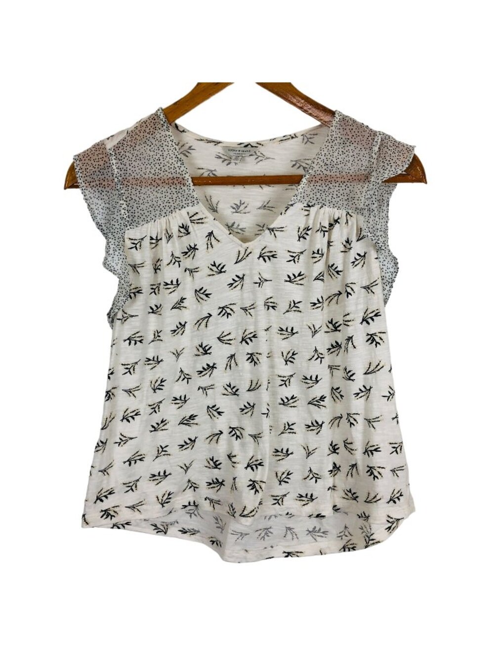 Lucky Brand Women's V-neck Top Sz Small Sheer Polka Dot Sleeves Floral Print